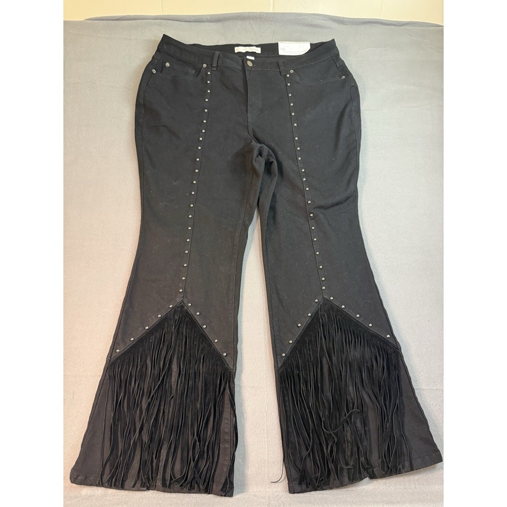 Western Black Studded Fringe Bell Bottom Flare Jeans NWT Size 18